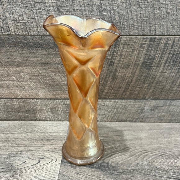 Vintage Dugan Carnival Imperial Glass Marigold Swung Hat Vase Diamond Bud Orange - Picture 6 of 9